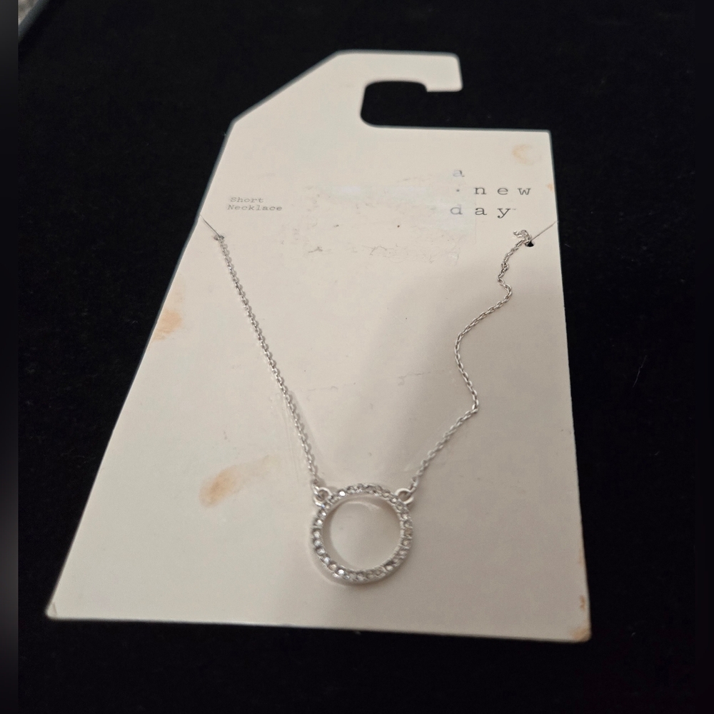 Silver tone Circle Rhinestone Pendant Necklace, New With Tags